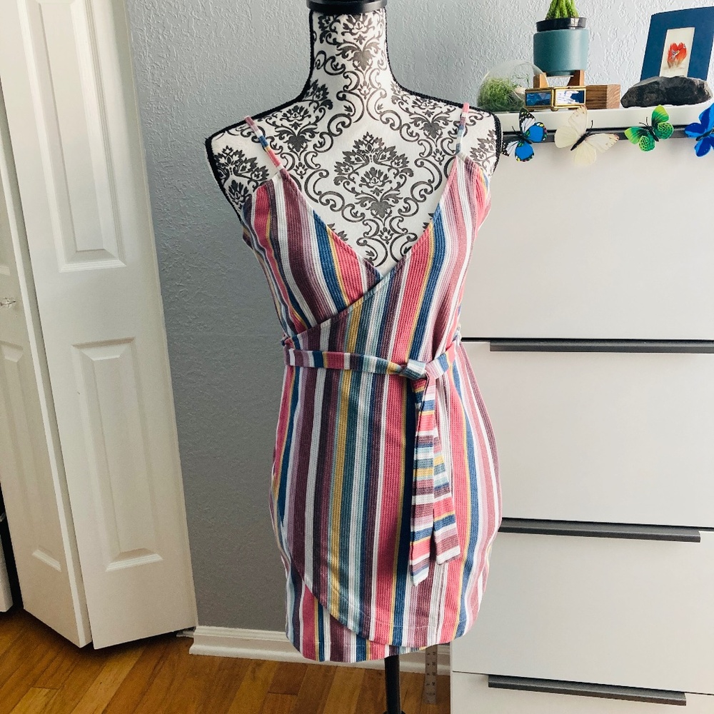 🍀 4 for $24: Mapalé Multicolored Striped Wrap Mini Dress Size Small